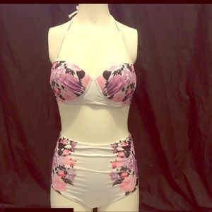 White w/ purple High waisted Bikini w push up pad